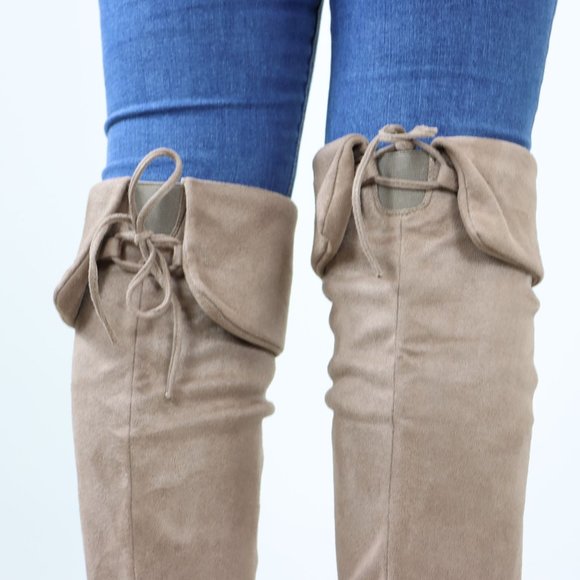 Fold Over Taupe Thigh High Over The Knee Flat No Heel Boots Faux Suede Pointed - Picture 9 of 14